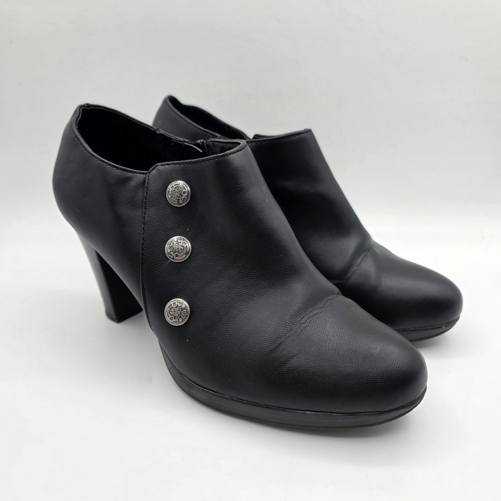 Rialto Womens Black Faux Leather Crest Button Block Heel Ankle Boots Size 9.5M